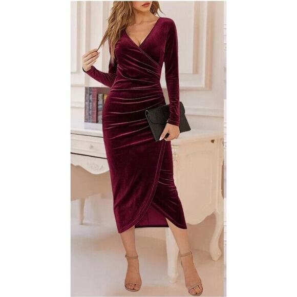 Dirass Sexy Velvet V Neck Bodycon Dress Cocktail Evening Party Formal Midi Dress - Picture 1 of 5
